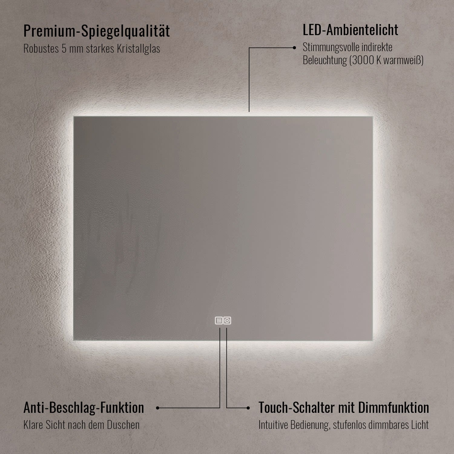 Kronenbach Night Badspiegel 180 x 60 cm mit LED-Beleuchtung und Dimmfunktion