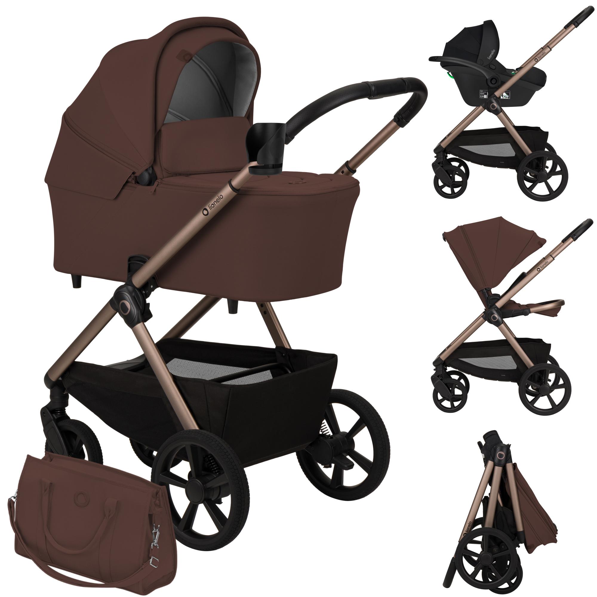 Lionelo Kinderwagen Carmine 3in1 mit Autositz i-Size, Babywanne & Buggy, GravelTech Räder, Federung, UPF50+ Braun