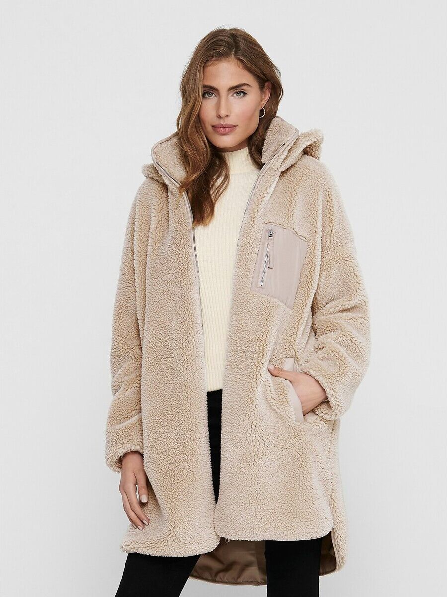 ONLY Manteau mi-long en sherpa, zippé à capuche