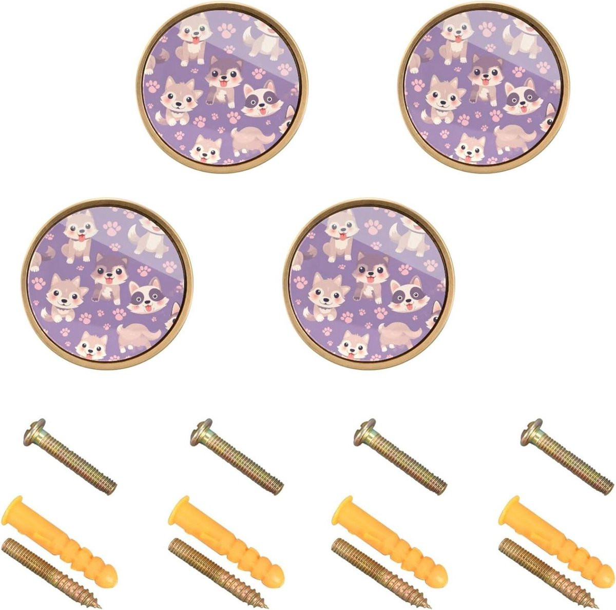 Set van 4 paarse deurknoppen met cartoon hond design voor meubels, 32mm