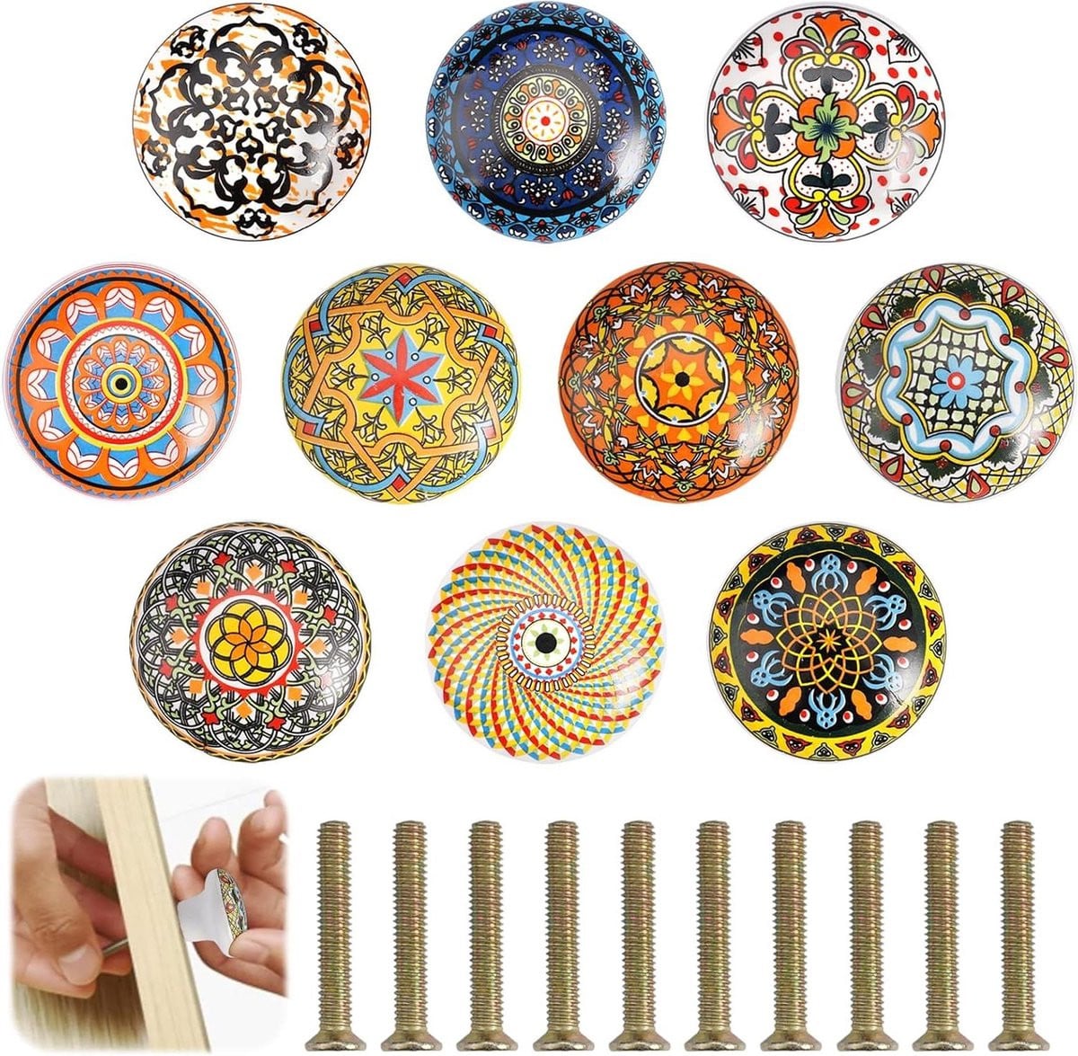 Set van 10 Allecto Plus Keramische Meubelknoppen in Boheemse Vintage Stijl