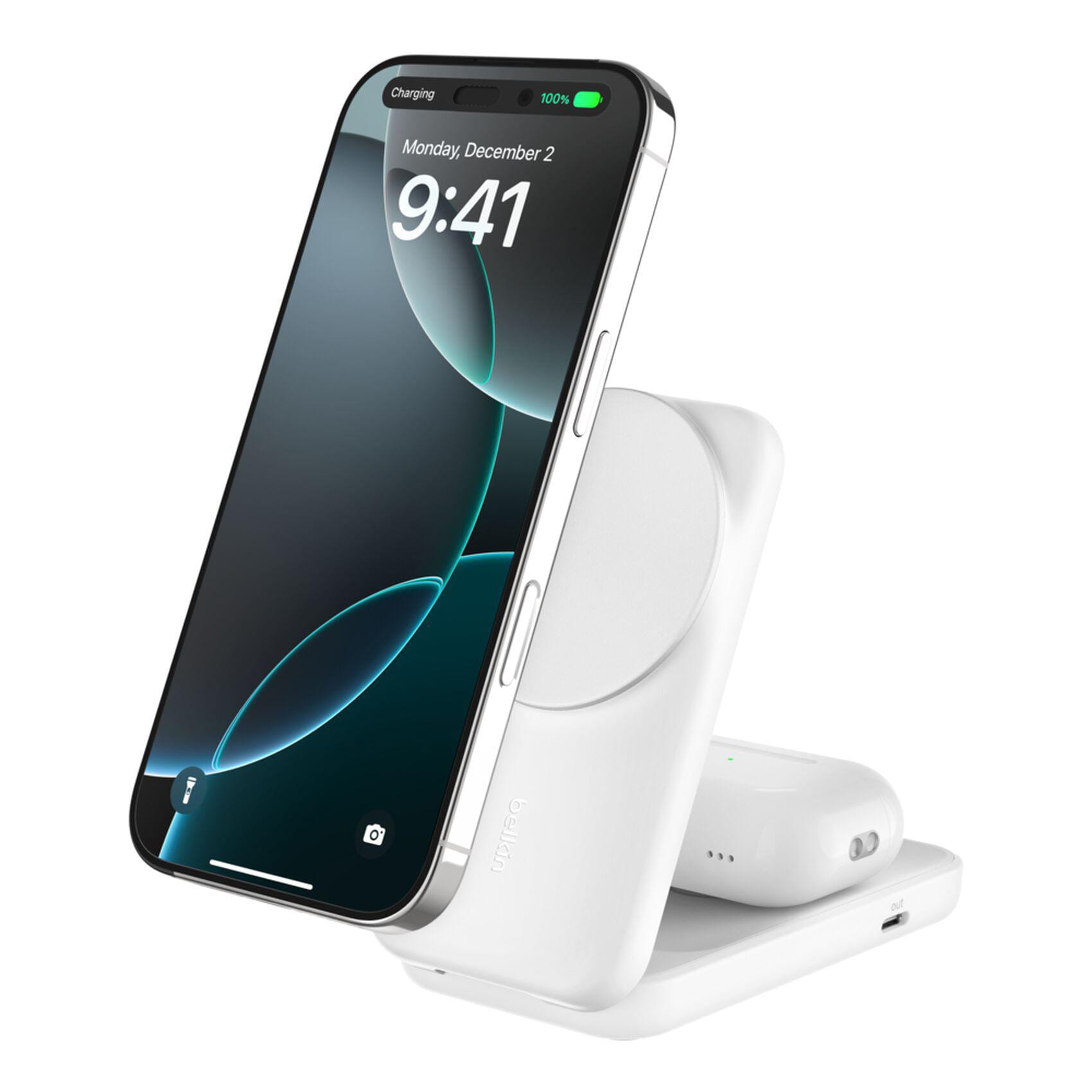 Belkin UltraCharge faltbare magnetische 2-in-1-Ladestation mit Qi2 25W weiß, eckig