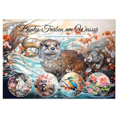 Buntes Treiben am Wasser - Fantasie Aquarelle der Tiere am Gewässer (Wandkalender 2027 DIN A2 quer), CALVENDO Monatskalender
