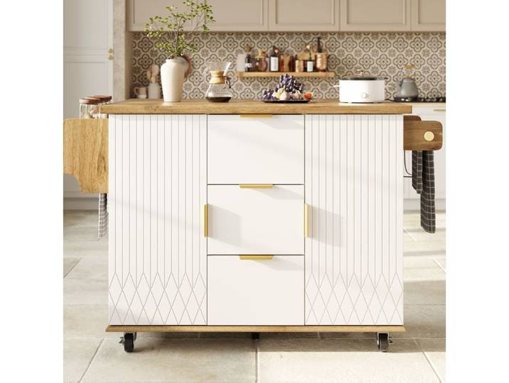 VUENOR îlot central mobile 134 x 46/74 x 88 cm blanc aspect bois avec tablette rabattable