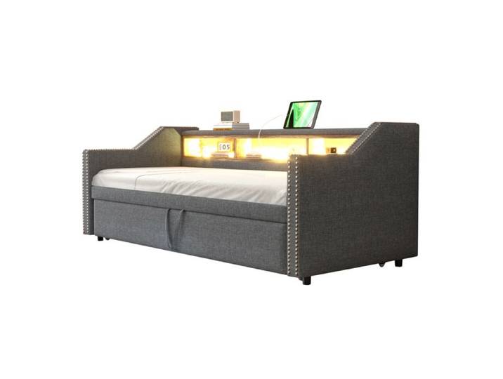 Polsterbett Schlafsofa Ausziehbar 90/180x190 cm mit LED-Licht USB-Anschluss und Stauraum Dunkelgrau