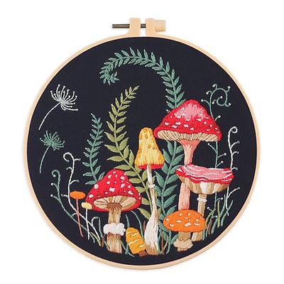 Pilz-Stickerei-Starter-Set mit Anleitung und Mustern. Pilz-Kreuzstickerei-Set für Erwachsene, Kinder und Anfänger, inklusive Pilz-Mustertuch, Stickrahmen, Fäden und Nadeln.