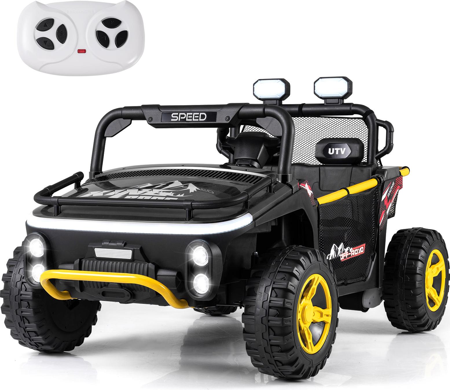COSTWAY Elektroauto für Kinder 2-Sitzer, 24V Kinderauto elektrisch mit Hupe, Musik, Licht, Fernbedienung, Stauraum&Ziehstab für Kinder 3+Schwarz