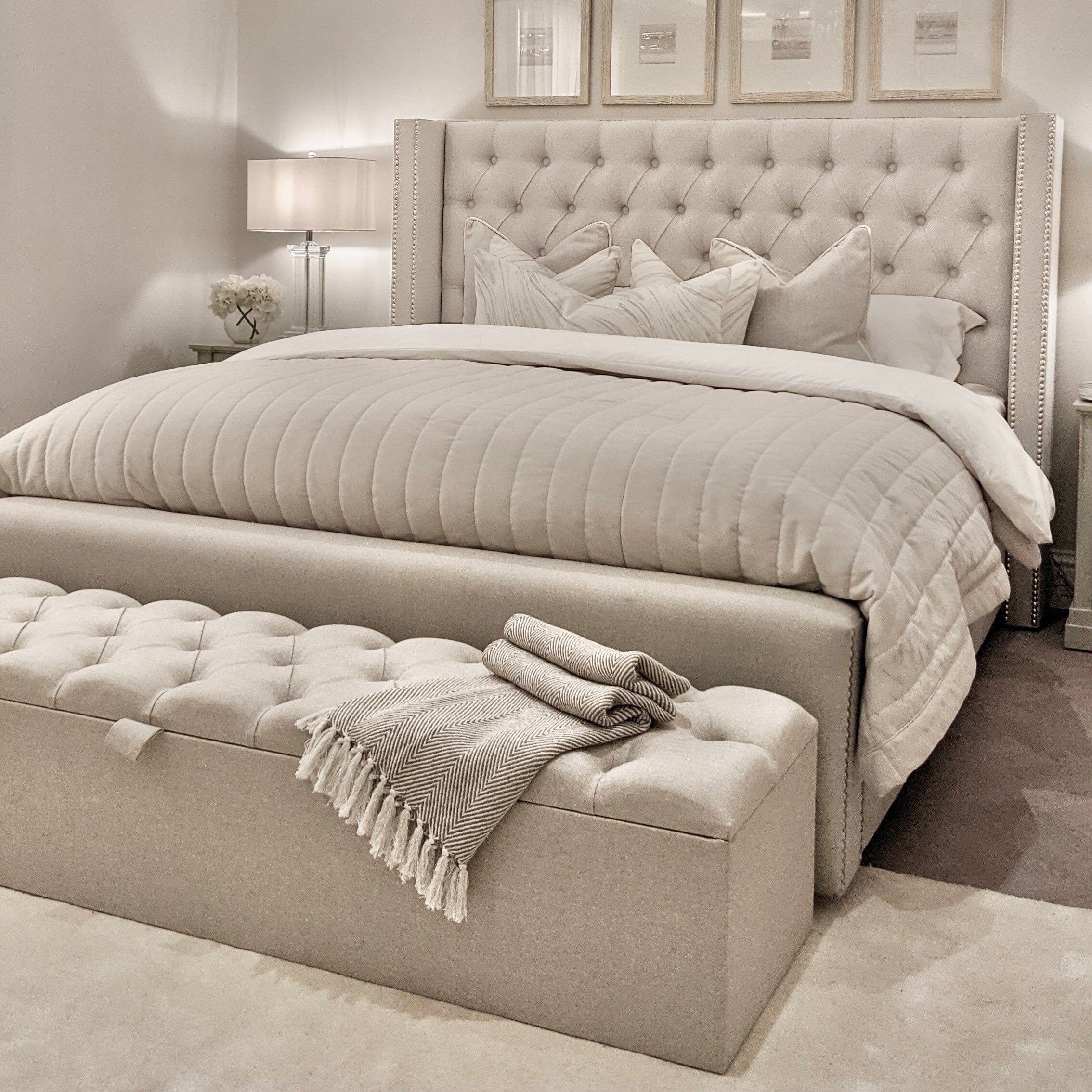 Harper Classic Luxury Grey Tweed Buttoned Silver Stud Wing Chunky Bed, Double