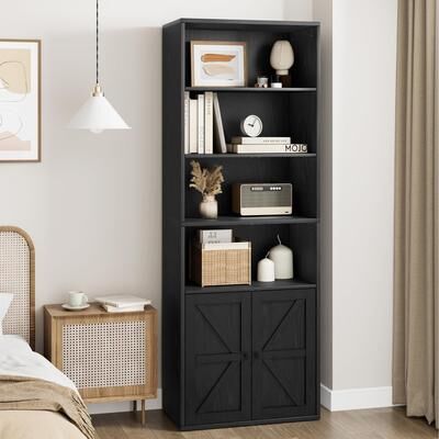 Garvee "71.4"" Black Farmhouse 6-Tier Bookcase w/ Barn Doors"