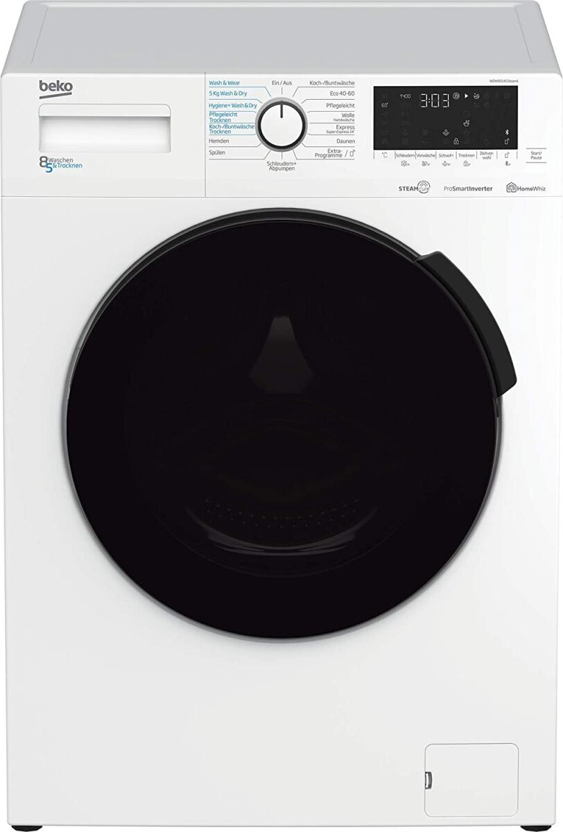 Beko WDW85141Steam1, Frontlader, Freistehend, Weiß, Links, Schwarz, Edelstahl