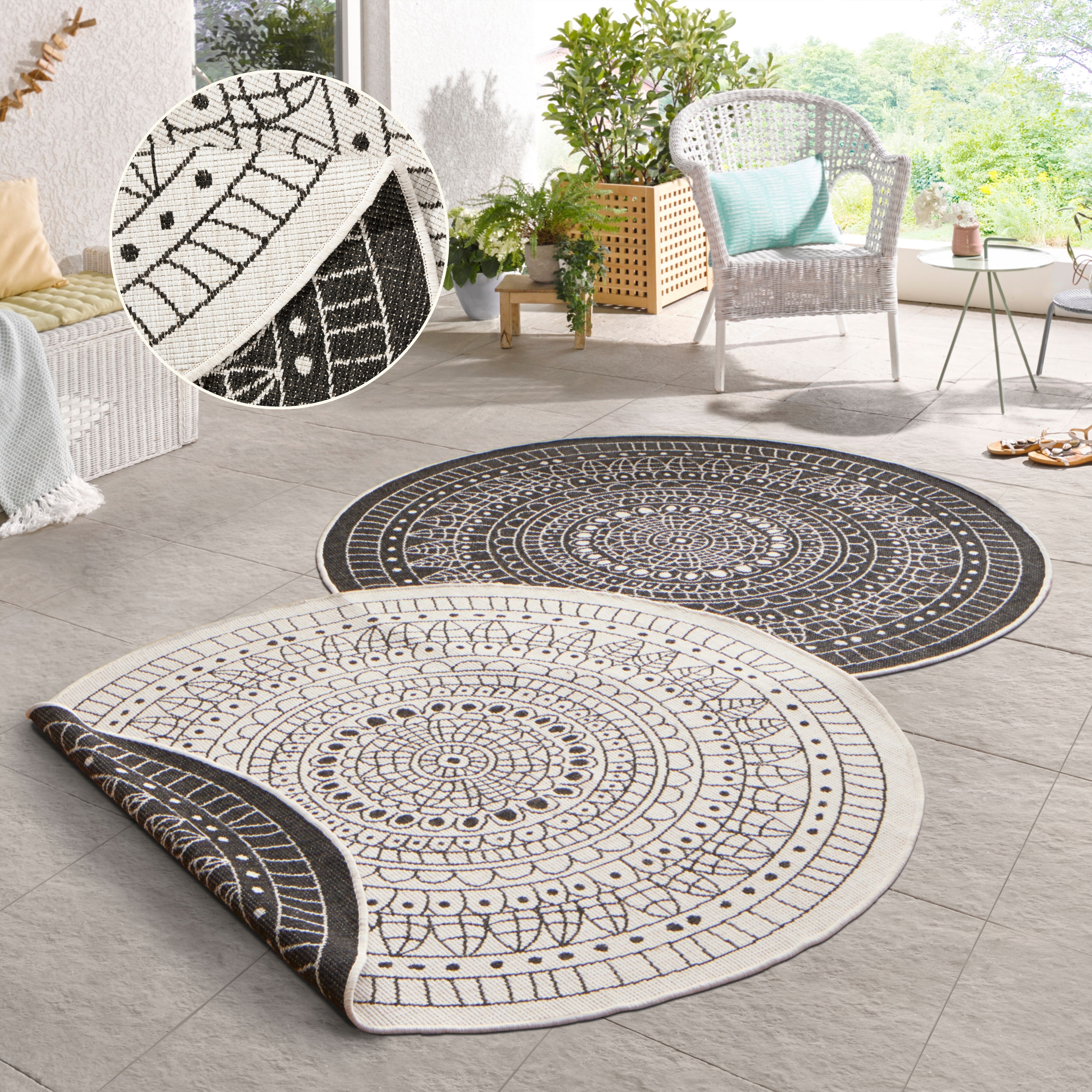 Teppich HANSE HOME "Porto Wendeteppich", schwarz, H:5mm Ø:100cm, Kunstfaser, Teppiche, Teppich, In-& Outdoor, Wetterfest, Balkon, Garten, Wohnzimmer, Wasserfest schwarz Ø 100cm 1 Stk., 5mm, Ø 100cm