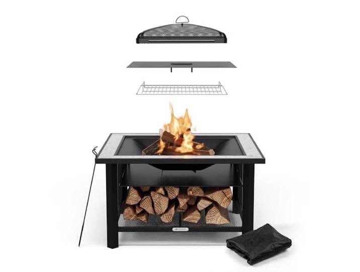 Blumfeldt Merano Avanzato Brasero Exterieur - 3-en-1 Brasero\, Barbecue & Table\, Plateau en Terrazzo\, Cadre en Acier Robuste\, Pare-Étincelles\, Grille & Tisonnier Inclus\, Idéal pour Jardin & Terrasse