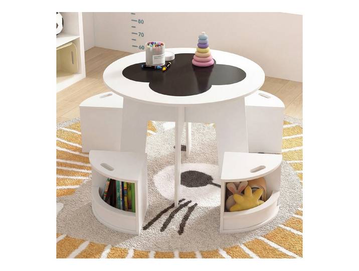 COSTWAY Kindersitzgruppe, (5-tlg., 5 tlg), Kindertisch & 4 Stühle mit Stauraum, platzsparend