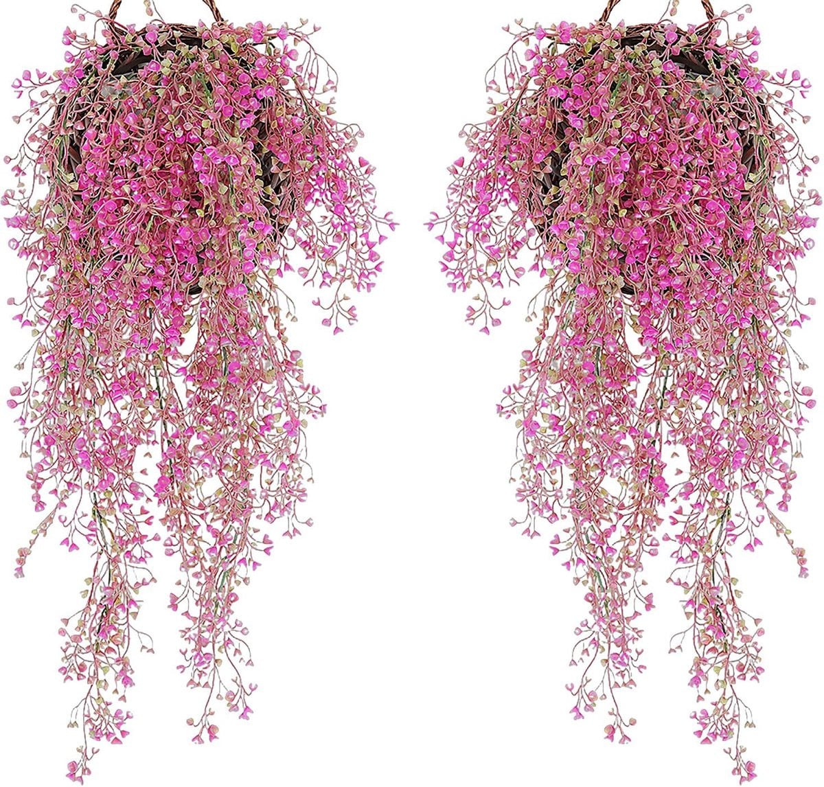 Set van 2 hangende manden met rozerode kunstbloemen voor binnen en buiten