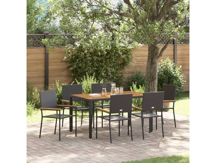 HEFZGDB Modernes Garten Esszimmer Set aus schwarzem Poly-Rattan mit Akazienholzplatte, 6 Personen Outdoor Esstischgruppe für Terrasse und Balkon, UV-beständige Gartenmöbel
