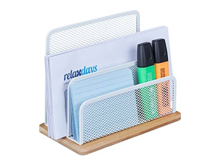 Relaxdays Porte-Lettres métal et Bambou\, 3 rangements\, HxLxP: 15x18\,5x10cm\, pour Bureau\, Range-Documents\, Blanc - Nature
