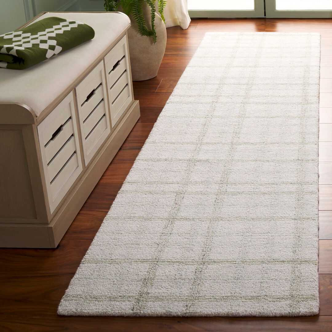 August Grove Plaid Wool Hand Tufted Area Rug Sage / Ivory Runner 69 x 274 cm