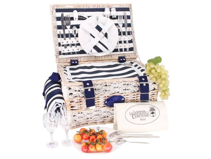 Panier pique-nique marine aux rayures bleues et blanches 2 personnes