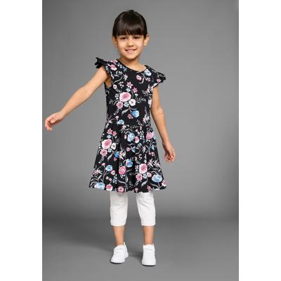 Jerseykleid KIDSWORLD "Shirtkleid im trendigen Allover-Muster", Mädchen, Gr. 140/146, N-Gr, Kurzarm, Jersey, schwarz (schwarz geblümt), Jersey, Obermaterial: 95% Baumwolle, 5% Elasthan, bedruckt, geblümt, ausgestellt kniefrei, Rundhals, Flügelärmel,...