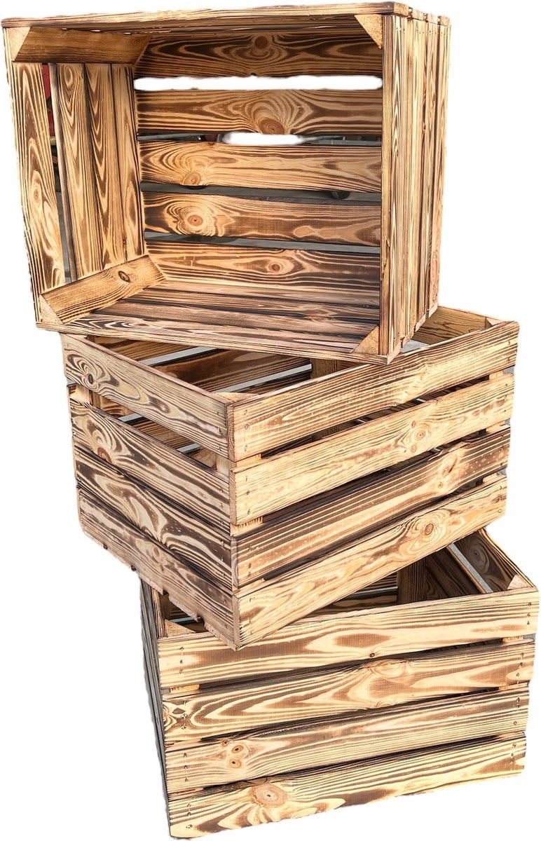 Houten fruitkist met gebrand en gevlamd design