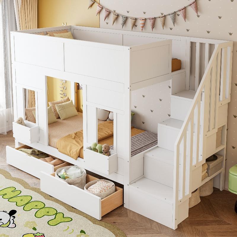 Kinder Etagenbett 90x200cm mit Stauraumtreppe und Schubladen, Hochbett aus Holzwerkstoffen mit Fensterdesign und Sicherheitsgeländer