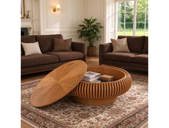 Runder Couchtisch in Trommelform Mit Stauraum Runder Couchtisch Im Mid-Century-Modern-Stil – Runder Wohnzimmertisch Im Farmhouse-Stil Mit Geriffeltem Design, Für Wohnungen
