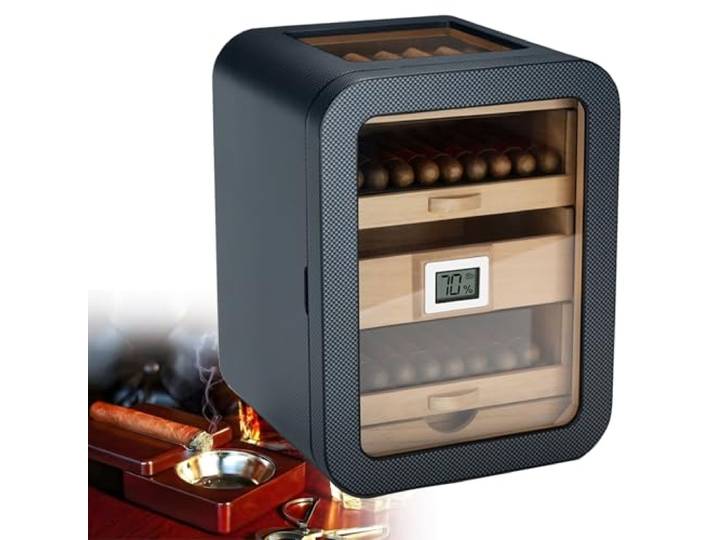 Tsampa Zigarren-Humidor Schrankhumidore, elektrischer Zigarren-Humidor-Kühler mit Regal und Schublade aus Zedernholz, Temperaturregelung,Kleiner Zigarren-Humidor für 110 Zigarren(Gray,WithSunroof)