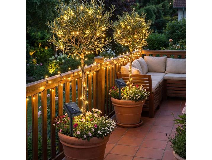 2er-Set Solar Lichterkette mit 8 Lichtmodi und Dämmerungsseensor, 12 m, 100 LEDs, IP44