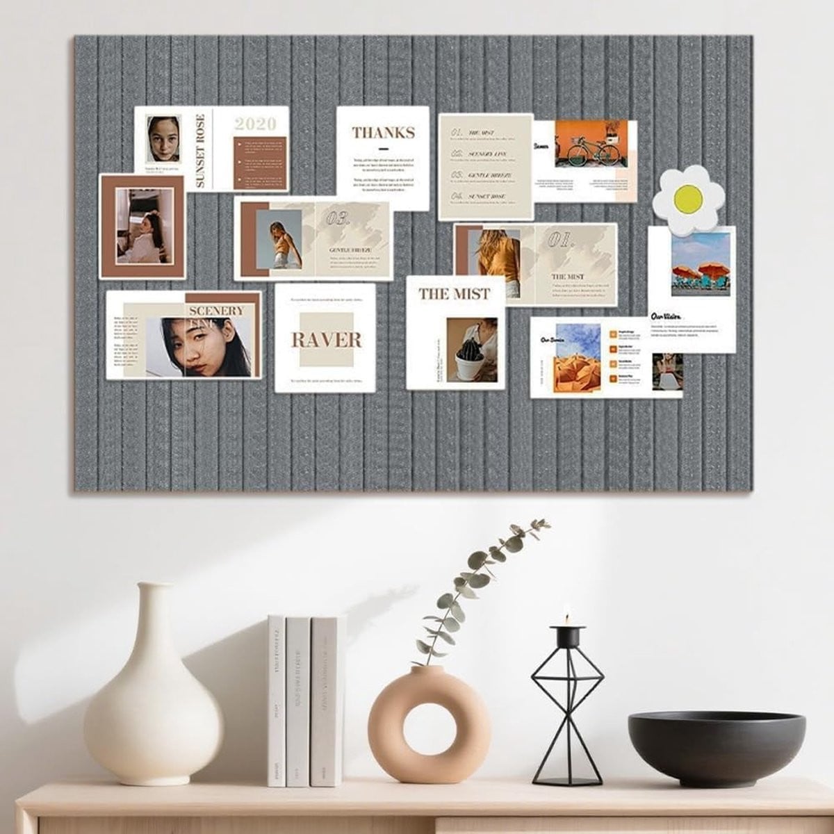 Grijs Decoratief Korken Pinnboard 60 x 40 cm, Vouwbaar Zelfklevend Fotobord en Felt Vision Board voor Thuis en Kantoor