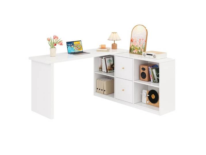 Bureau d'angle Moderne en Forme de L Bureau Extensible Multifonction avec 2 Tiroirs et Compartiments de Rangement Ouverts Blanc