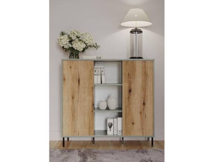 Lomadox Wohnzimmer Sideboard Anrichte Kommode in grau-grün mit Eiche