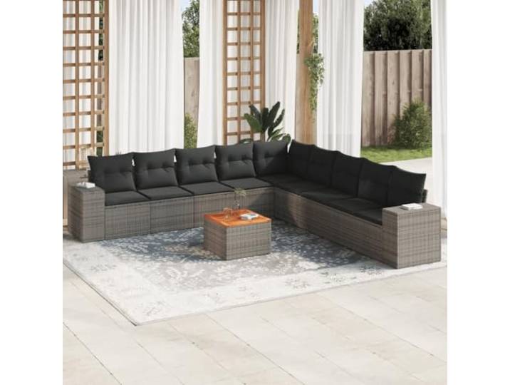 KTHLBRH Gartenmöbel-Set 10-teilig mit grauen Kissen aus Polyrattan Modular, Tischplatte aus Akazie, wetterfest, mit wasserdichter Aufbewahrungsbox, für Terrasse und Terrasse