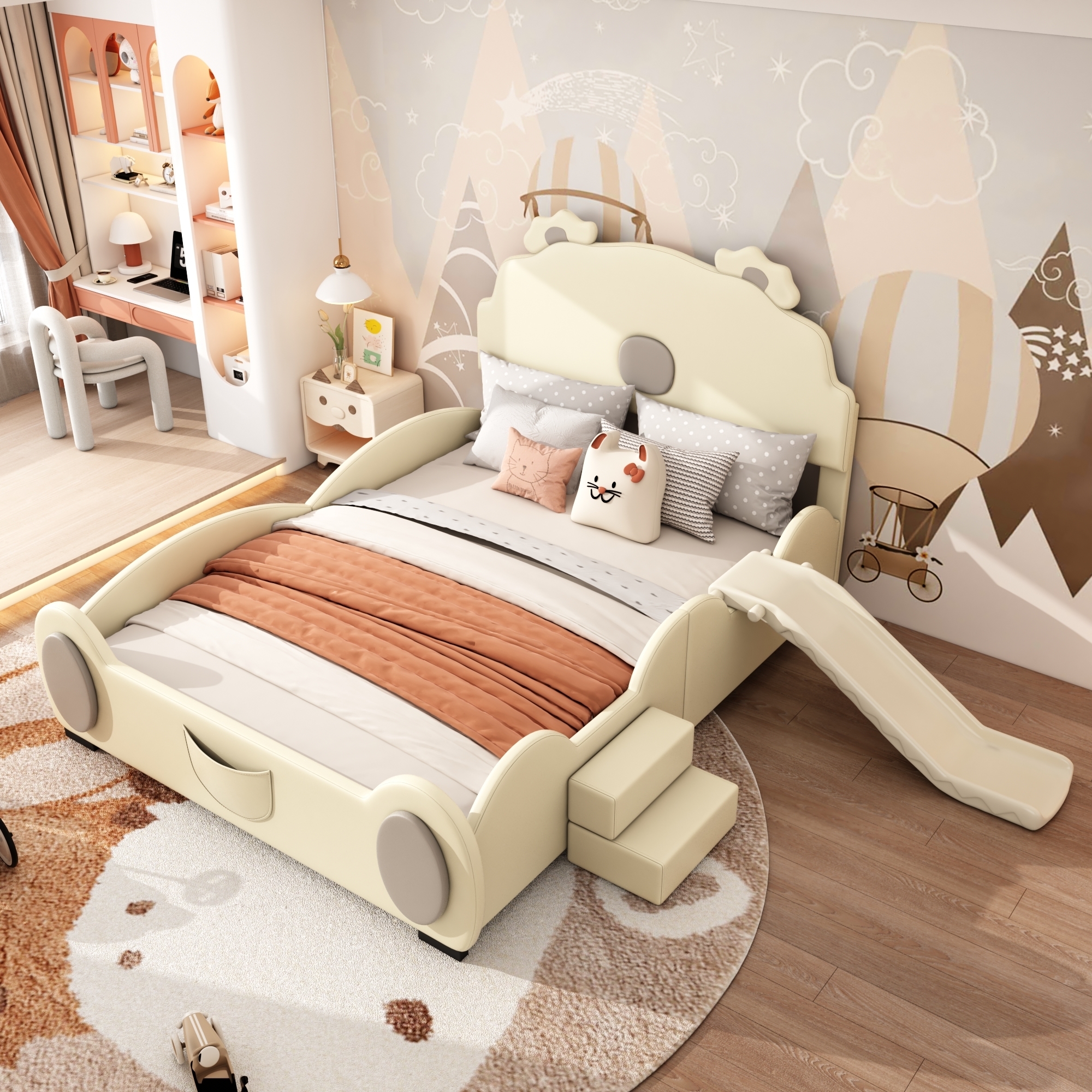 STILVORA Kinderbett 140×200 Jugendbett mit Bärenkopfteil Rutsche Leiter LED-Farbwechsellicht PolyurethanPolsterbett,beige(mit Matratze)