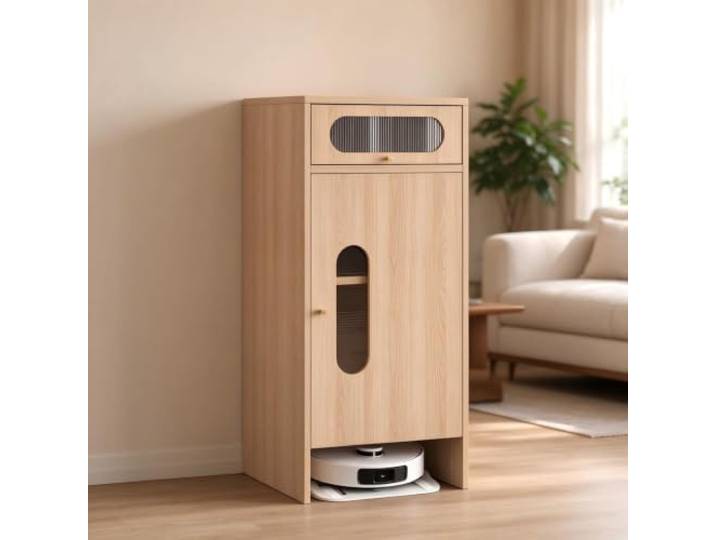 Aufbewahrungsschrank aus Holz für Saugroboter, mit Tür und Schublade Saugroboter Schrank, Aufbewahrungsmöbel für Saugroboter, Beistelltisch für Wohn- Oder Schlafzimmer(Beige)