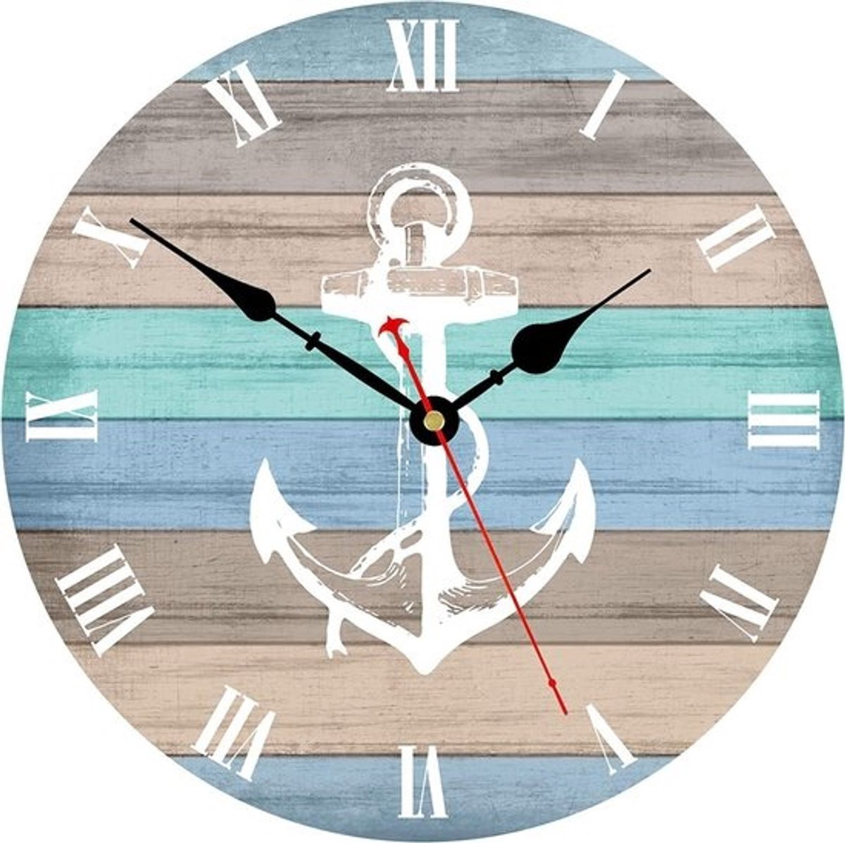 Stille houten wandklok met retro anker design voor keuken en woonkamer, Diameter: 30 cm