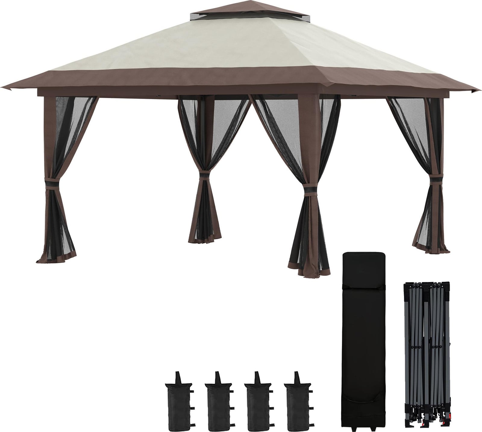 Outsunny opklapbaar tuinpaviljoen met 4 netwanden, beige, 4 x 4 meter