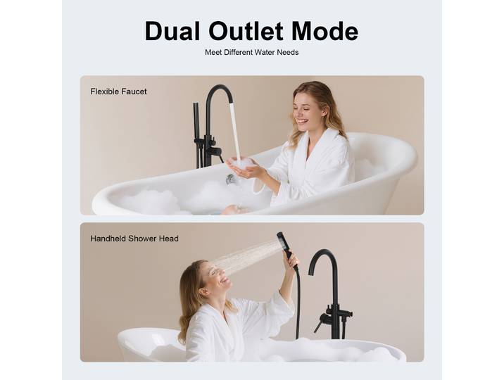 Robinet de baignoire au sol, robinet de baignoire de salle de bains noir avec douchette à main, robinet chaud et froid 360 ° Buse portative