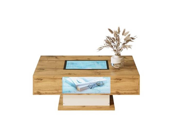 Merax Couchtisch 110x60x39,7 cm, mit LED-Beleuchtung, Glasplatte, 2 Schubladen, Beistelltisch mit Farbwechsel-LED, offenes Aufbewahrungsfach, modernes Design, Holzfarbe & Weiß