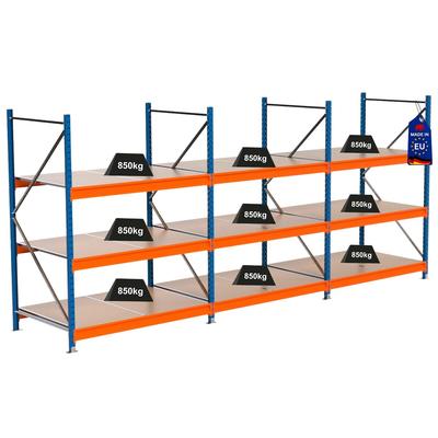 PROREGAL Industrie Schwerlastregal MAXIMUS PRO, Komplettregal, HxBxT 200x450x100cm, 3 Ebenen, Spanplatten-Fachboden, Fachlast 850 kg, Blau/Orange
