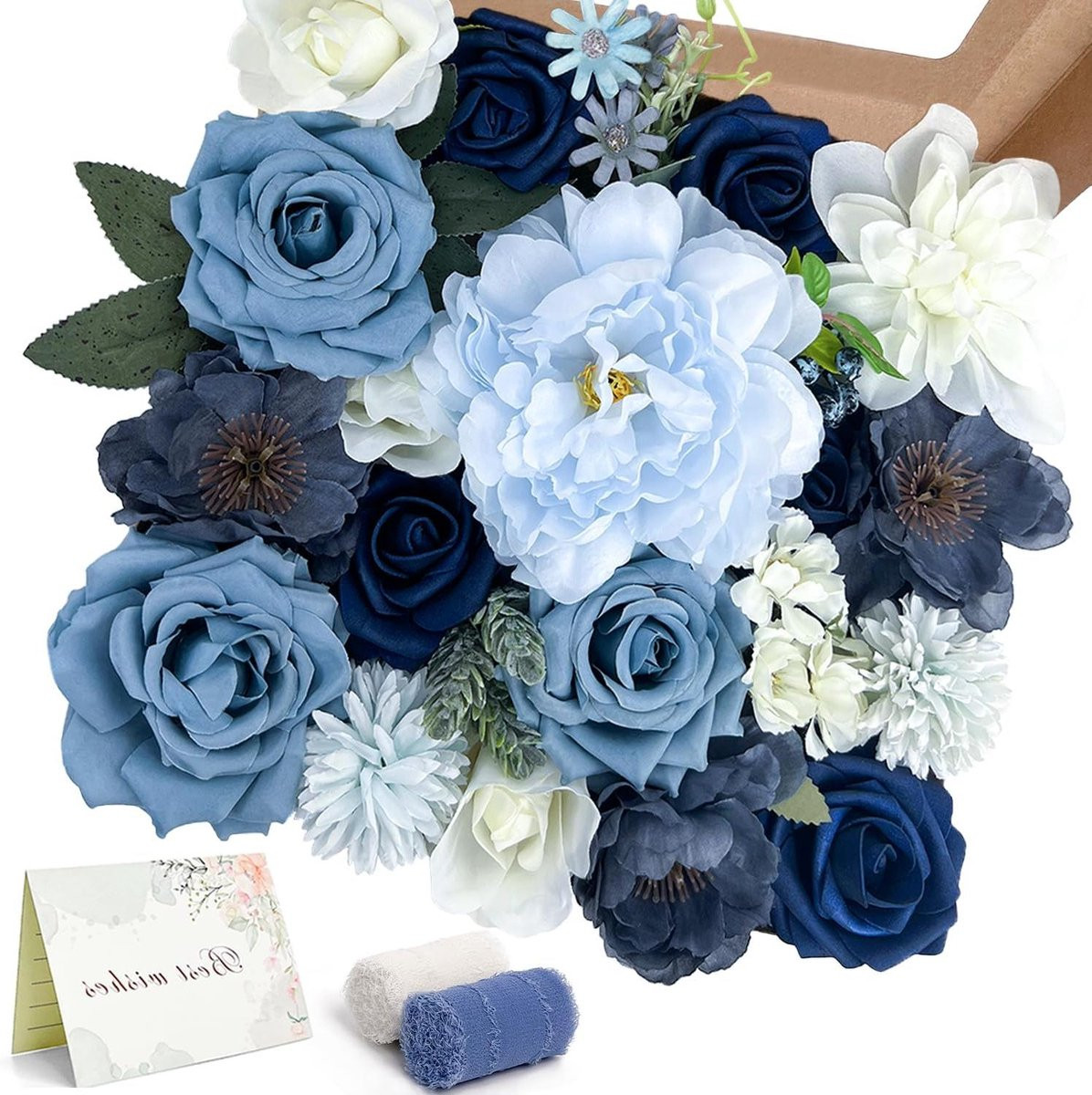 Kunstbloemen Boeket Set Donkerblauw - Handgemaakte Zijden en Schuim Decoratie - Hoogte: 28 cm
