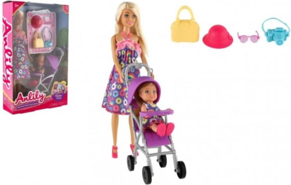 Panenka Anlily Pop met meisje en kinderwagen en accessoires, 30 cm