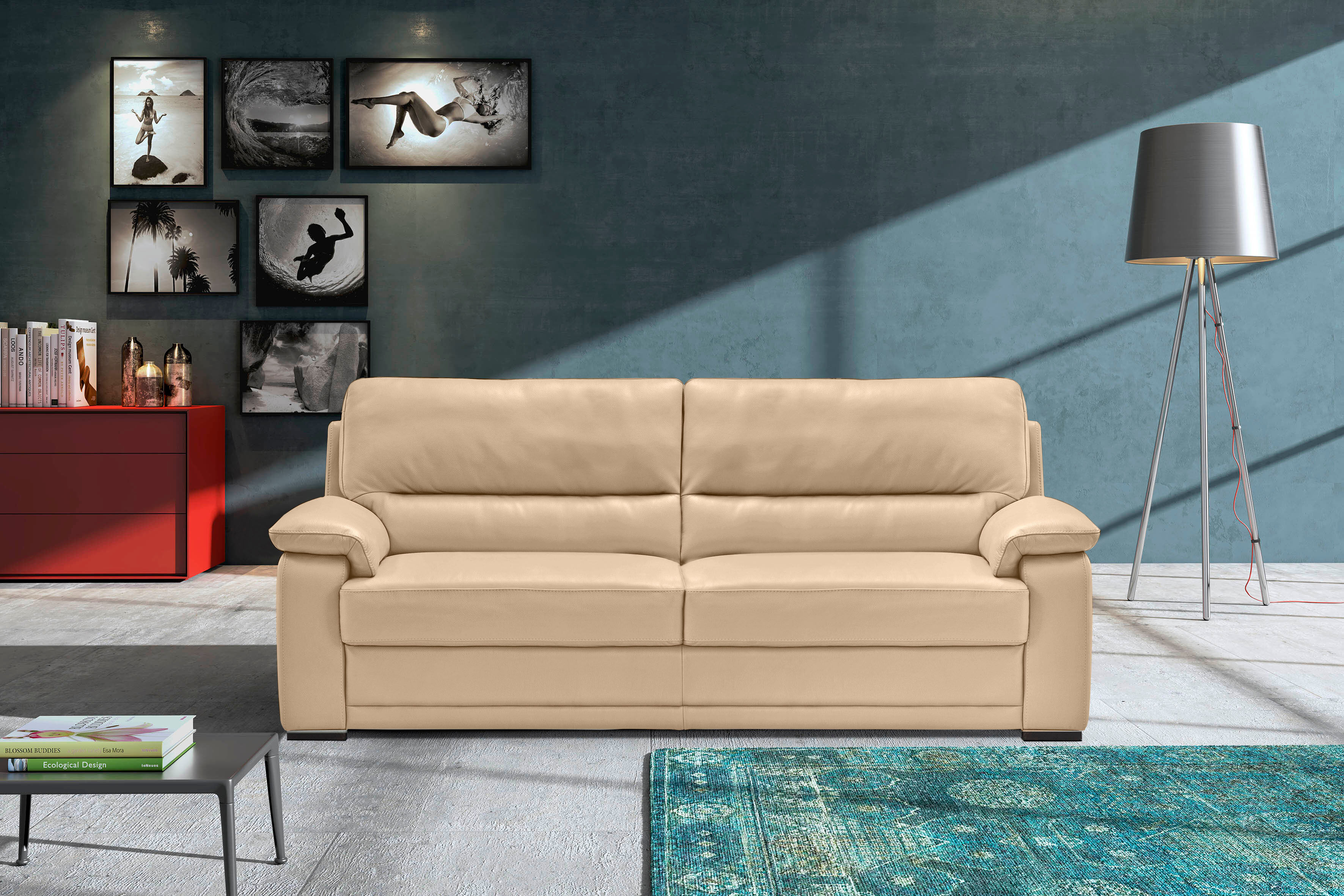 2,5-Sitzer EGOITALIANO "Doris, modernes Designersofa, Ledersofa mit erstklassiger Sitzqualität", beige (champagner), B:192cm H:90cm T:93cm, Leder »BULL« (echtes Rindsleder). Geschliffenes, pigmentiertes und behandeltes Rindsleder mit einer Dicke von 1, 3-