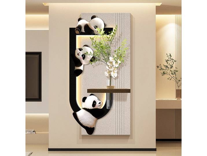Peinture décorative moderne Panda pour entrée, plantes vertes hydroponiques, luminaires muraux LED en grès noir, blanc et gris à suspendre dans le couloir
