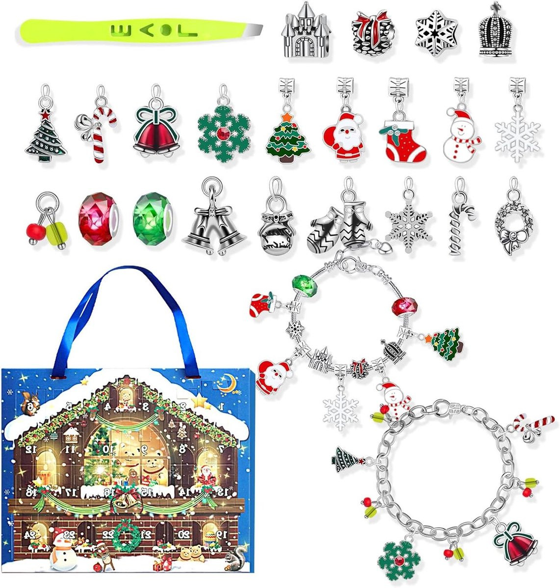 Kerstadventskalender met 2 armbanden en 22 bedels - Multicolor sieradenset voor 24 dagen verrassingen