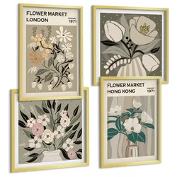 BILDER SET 4er Set - 50x50 cm & 40x60 cm Goldrahmen - Blumenillustrationen London Hongkong