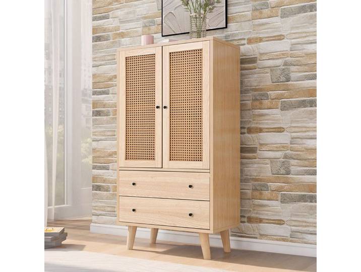 Buffet en Rotin Commode avec 2 Portes et 2 Tiroirs Buffet Haut avec Grand Espace de Rangement Armoire polyvalente 60x40x120cm