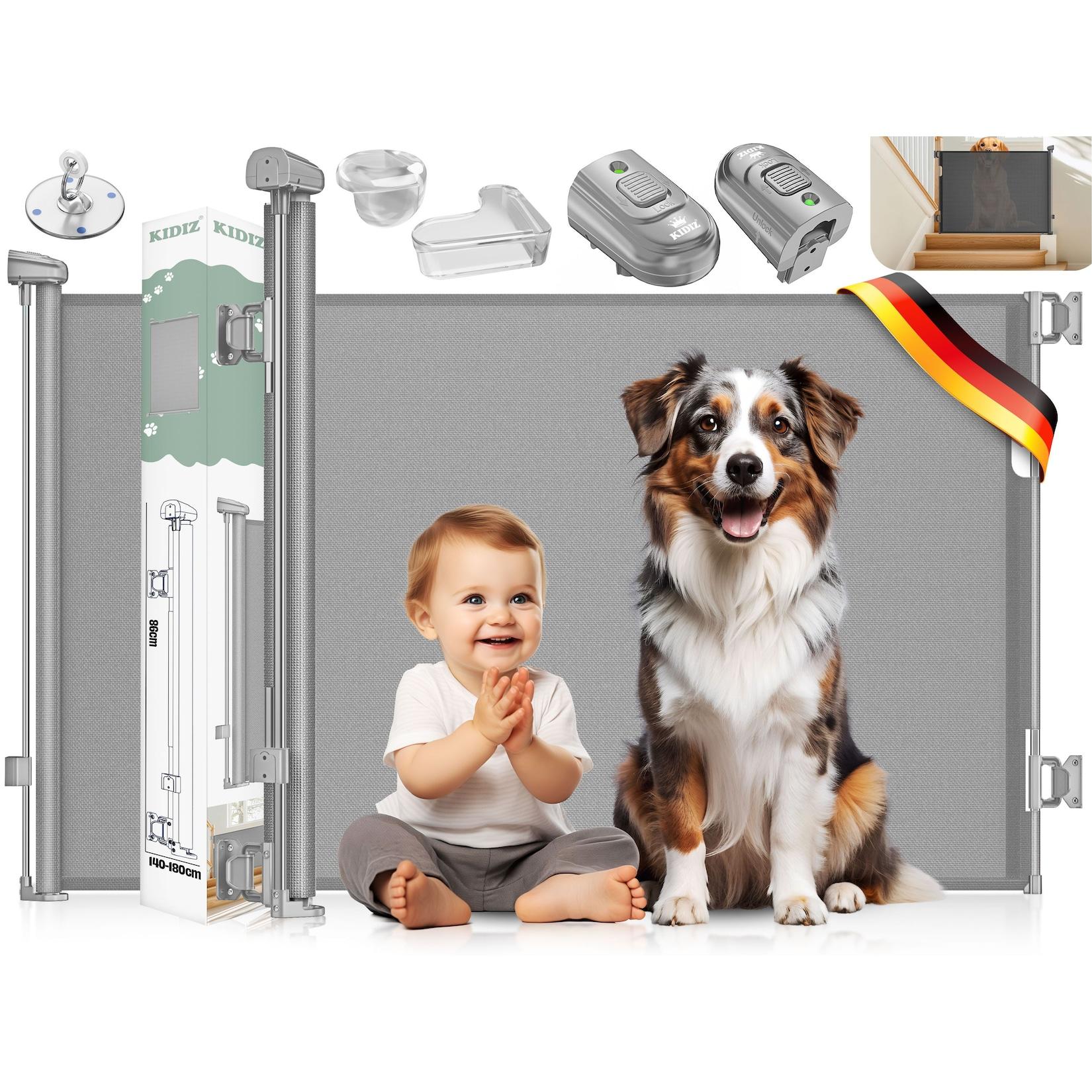 KIDIZ® Treppenschutzgitter Türschutzgitter ausziehbar bis 140/180cm kindersicheres Treppengitter für Babys & Haustiere Schutzgitter Treppen & Türen Absperrgitter inkl. Bodenanker & Montagezubehör
