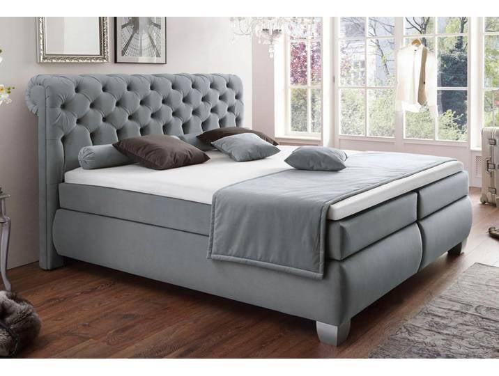 Boxspringbett, Samtbezug, Hellgrau, 154×230 cm, Gepolstert, Klassisch, Hapo