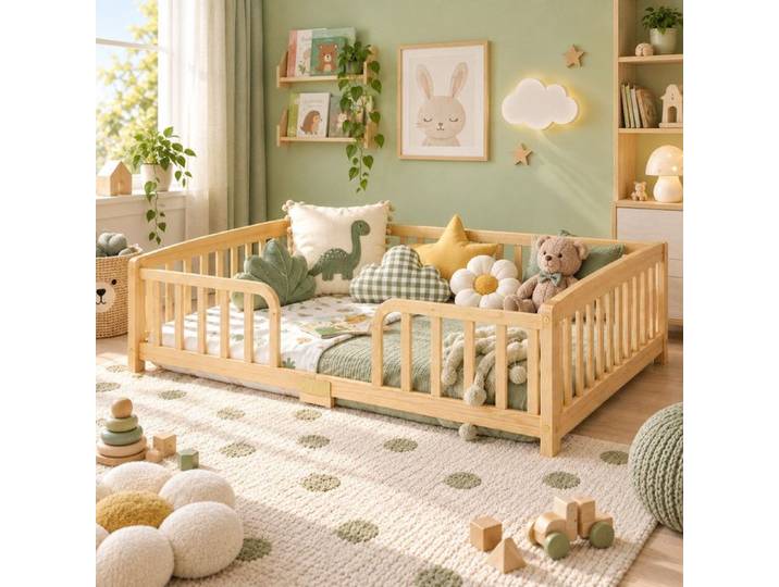 Lit enfant 140x200 cm BoisNaturel lit enfant au sol avec Barrière de sécurité et sommier
