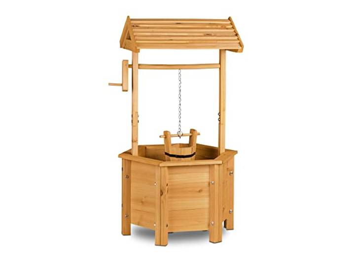 Relaxdays Puit de décoration Jardin en Bois avec Seau et manivelle HxlxP: 82 x 47 x 41 cm\, Nature